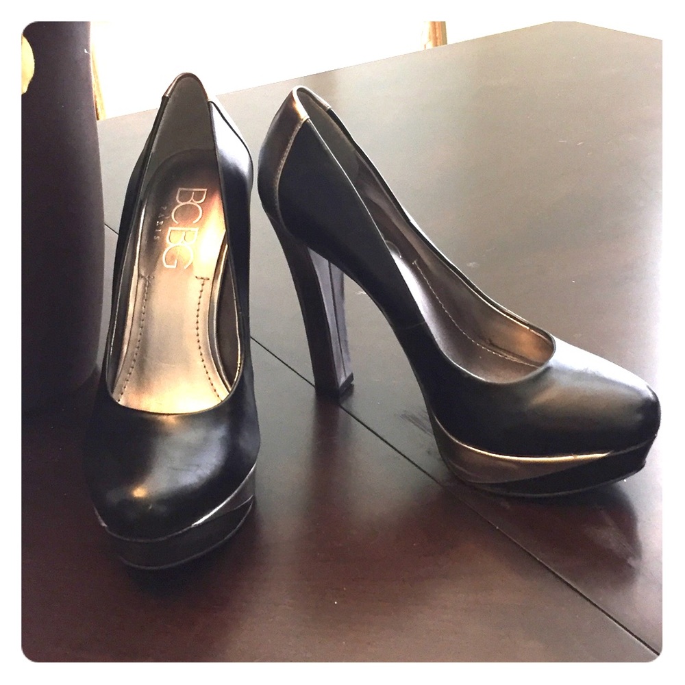 BCBG Paris silver and black heels.